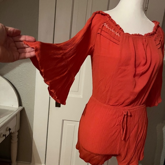 Burnt orange boho off/on shoulders romper - Picture 4 of 15